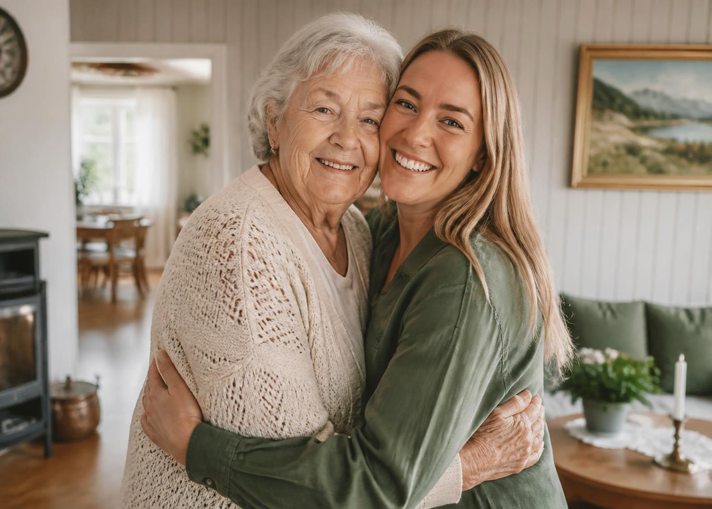Eldre kvinne som klemmer en yngre kvinne i en lys norsk stue